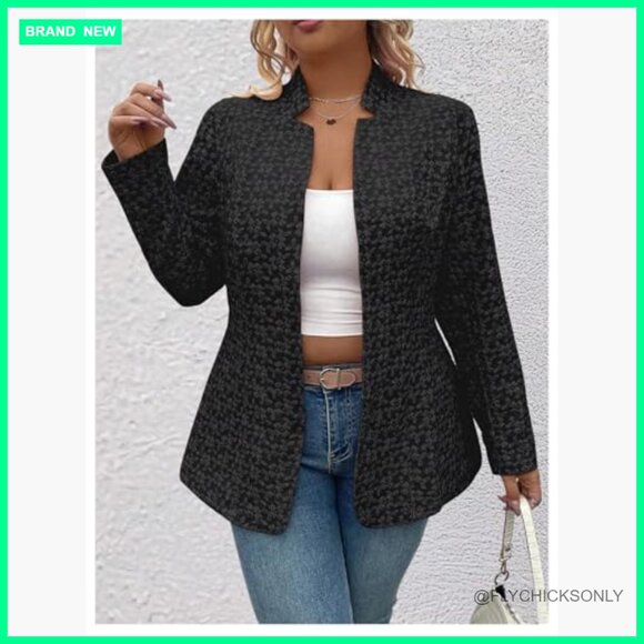 Plus Size Jacquard Long Sleeve Open Front Blazer Jacket Notch Collar - Picture 5 of 5